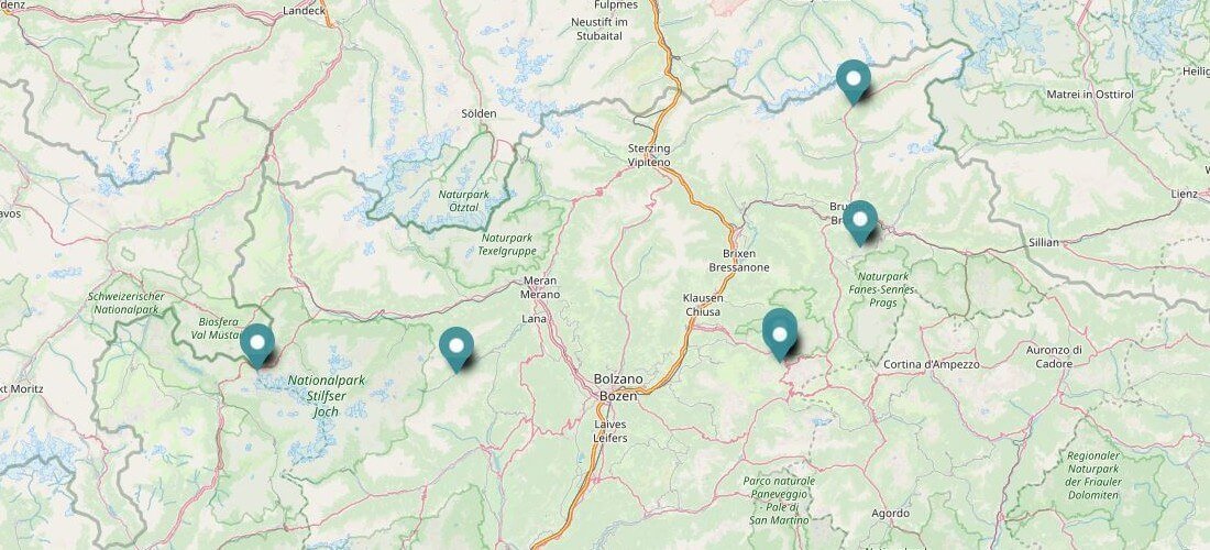 Karte der Langlaufgebiete in Südtirol